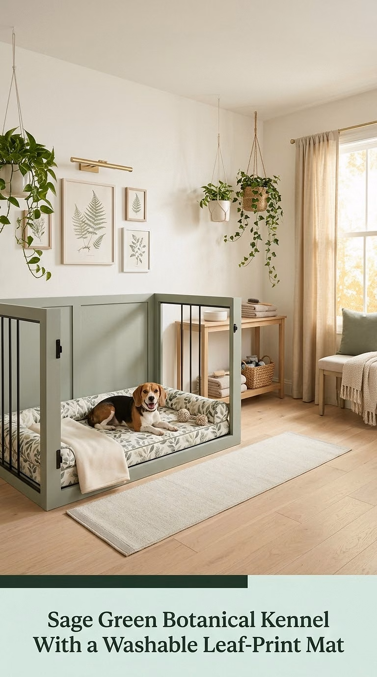 2. Sage Green Botanical Kennel With a Washable Leaf-Print Mat