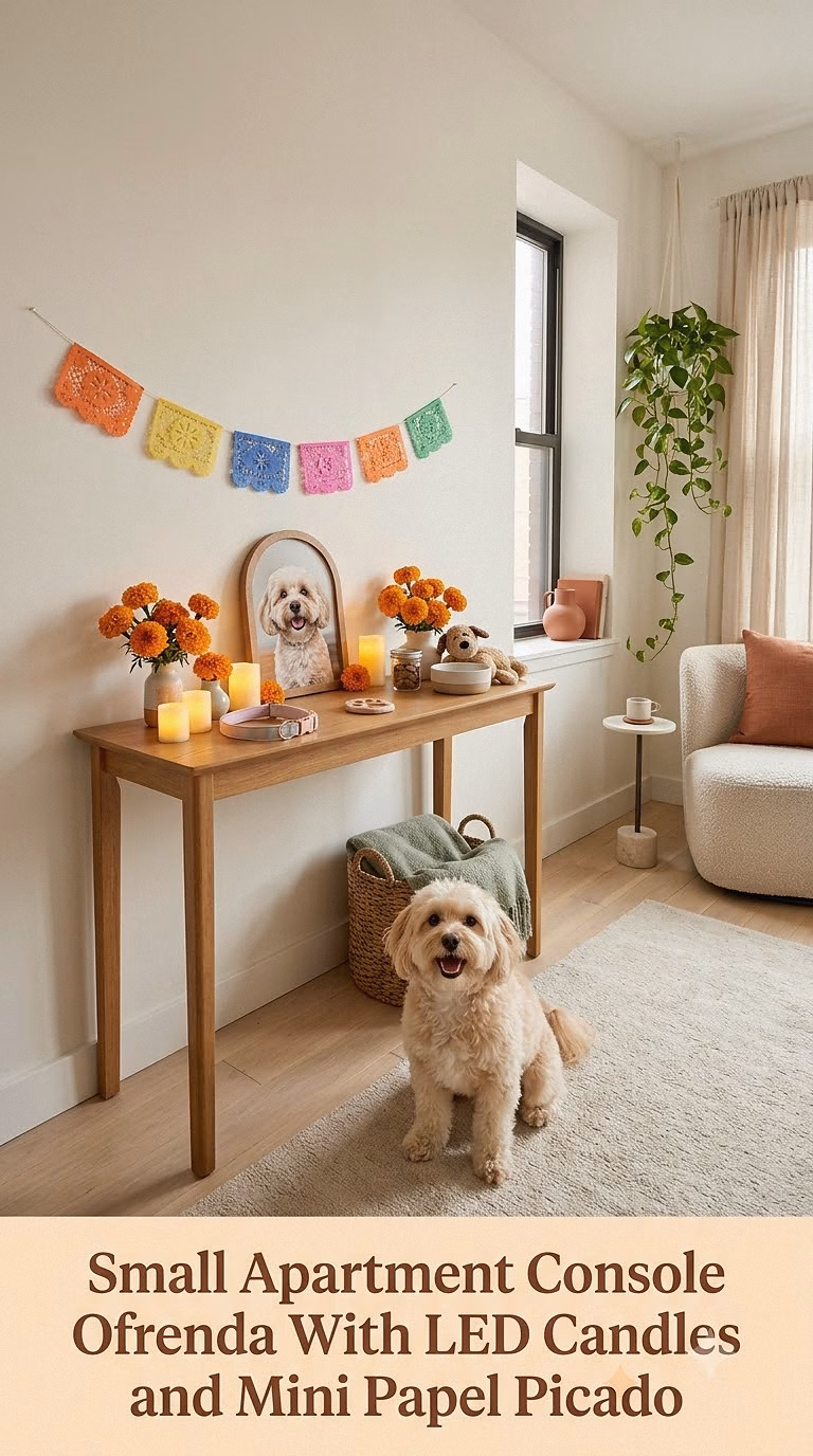 2. Small Apartment Console Ofrenda With LED Candles and Mini Papel Picado