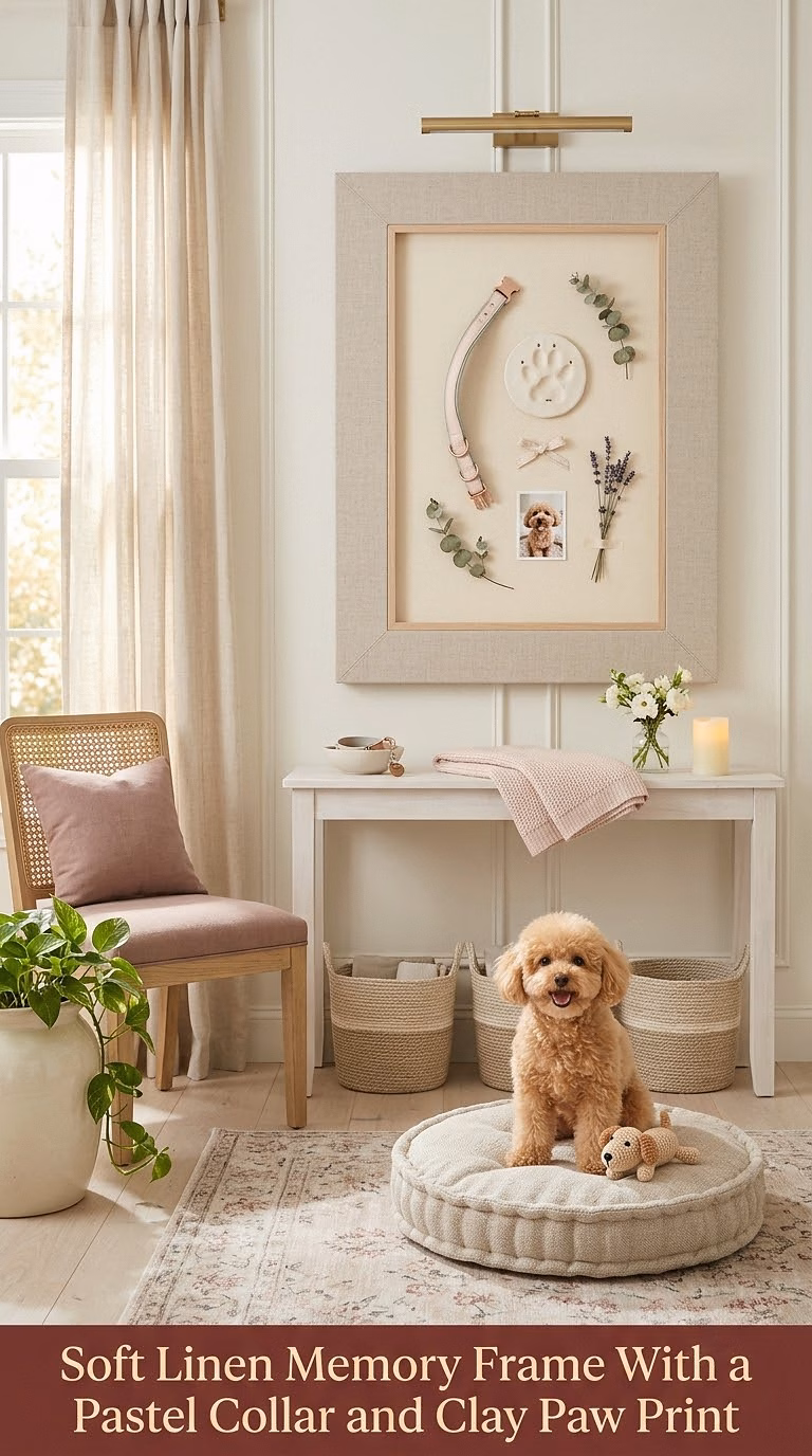 2. Soft Linen Memory Frame With a Pastel Collar and Clay Paw Print