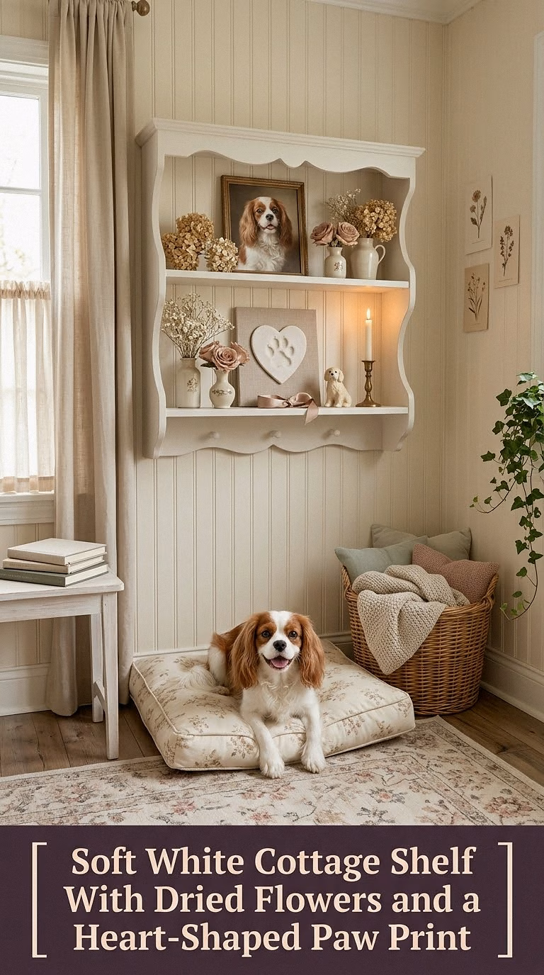 2. Soft White Cottage Shelf With Dried Flowers and a Heart-Shaped Paw Print