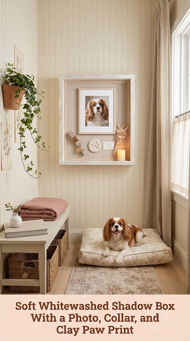 2. Soft Whitewashed Shadow Box With a Photo, Collar, and Clay Paw Print