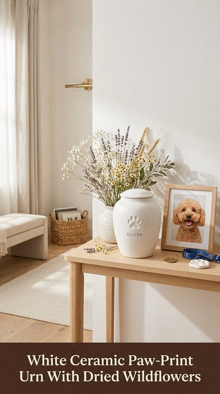 2. White Ceramic Paw-Print Urn With Dried Wildflowers