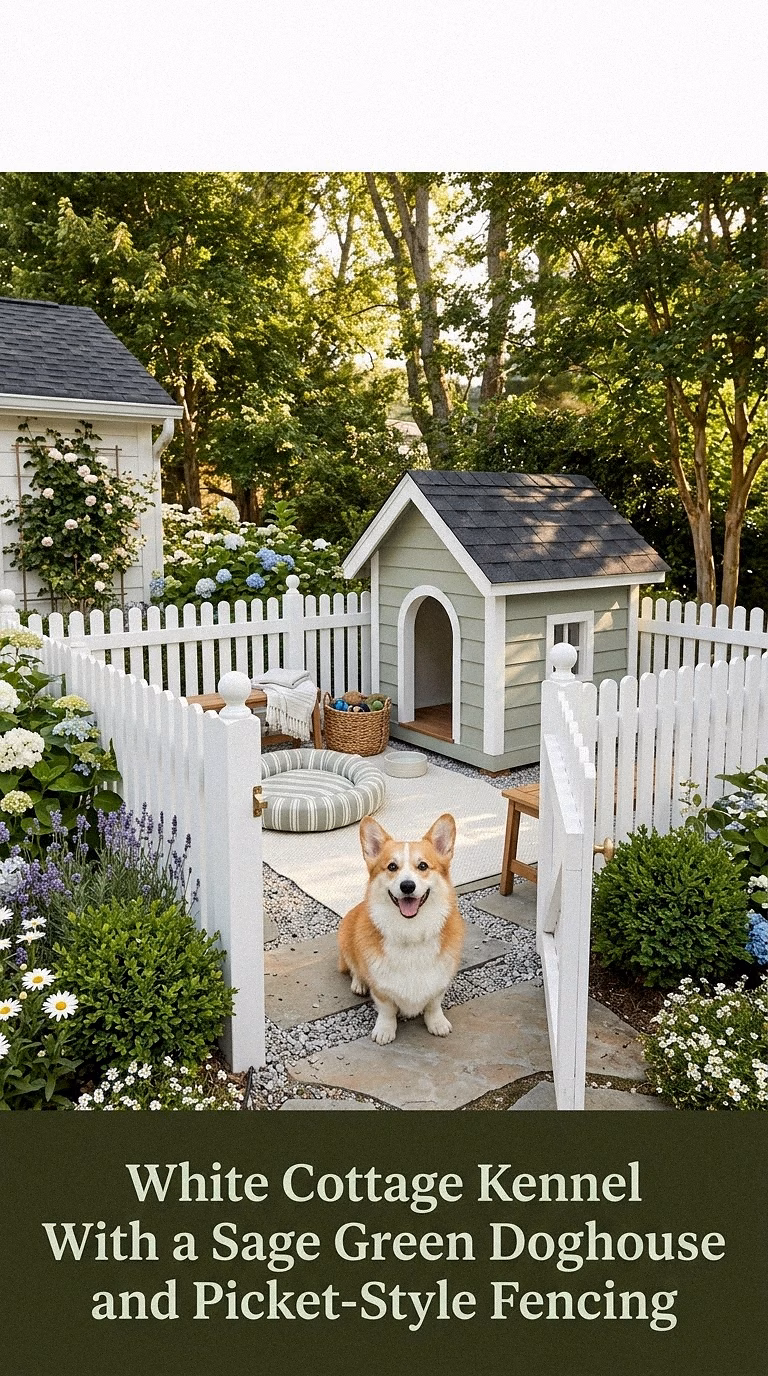 2. White Cottage Kennel With a Sage Green Doghouse and Picket-Style Fencing