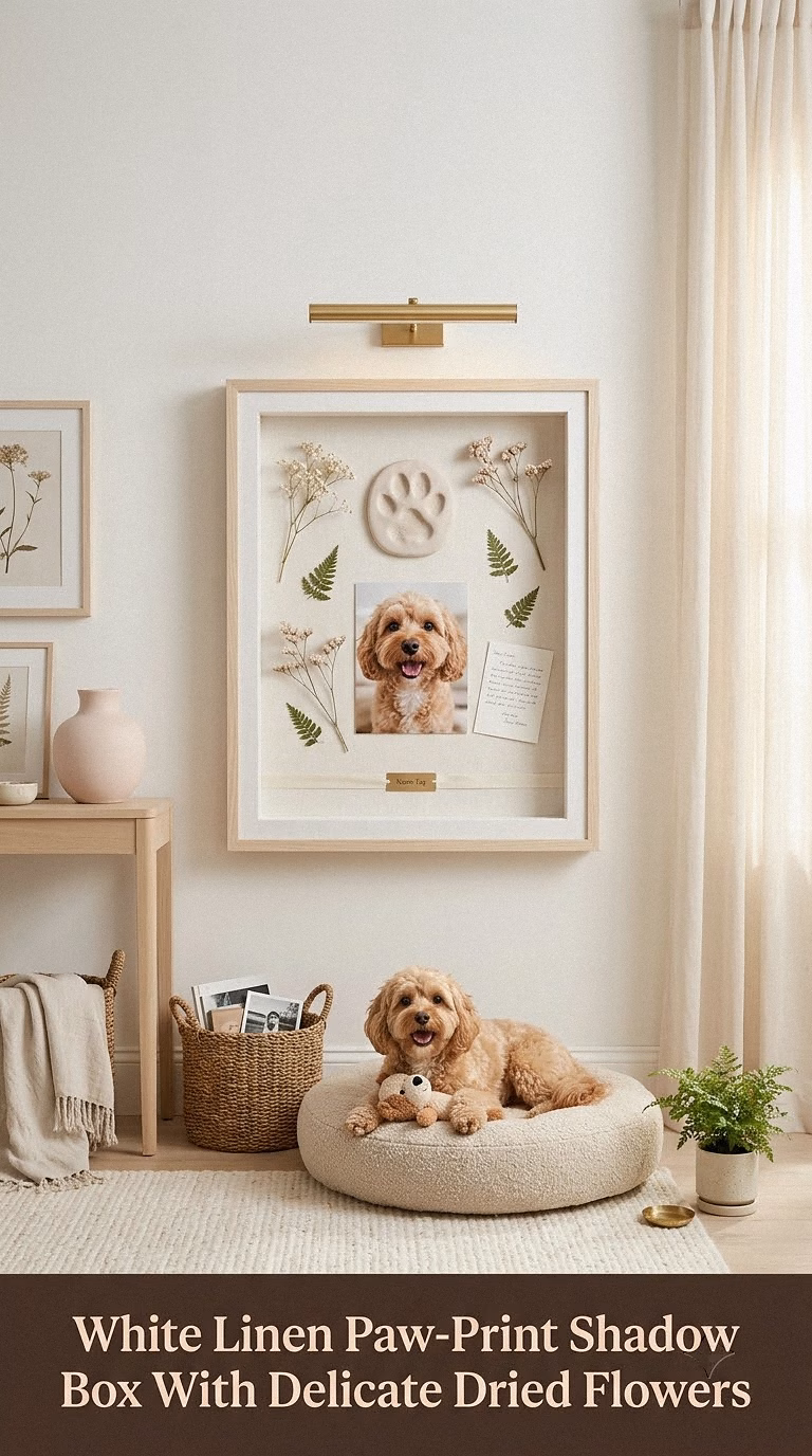 2. White Linen Paw-Print Shadow Box With Delicate Dried Flowers