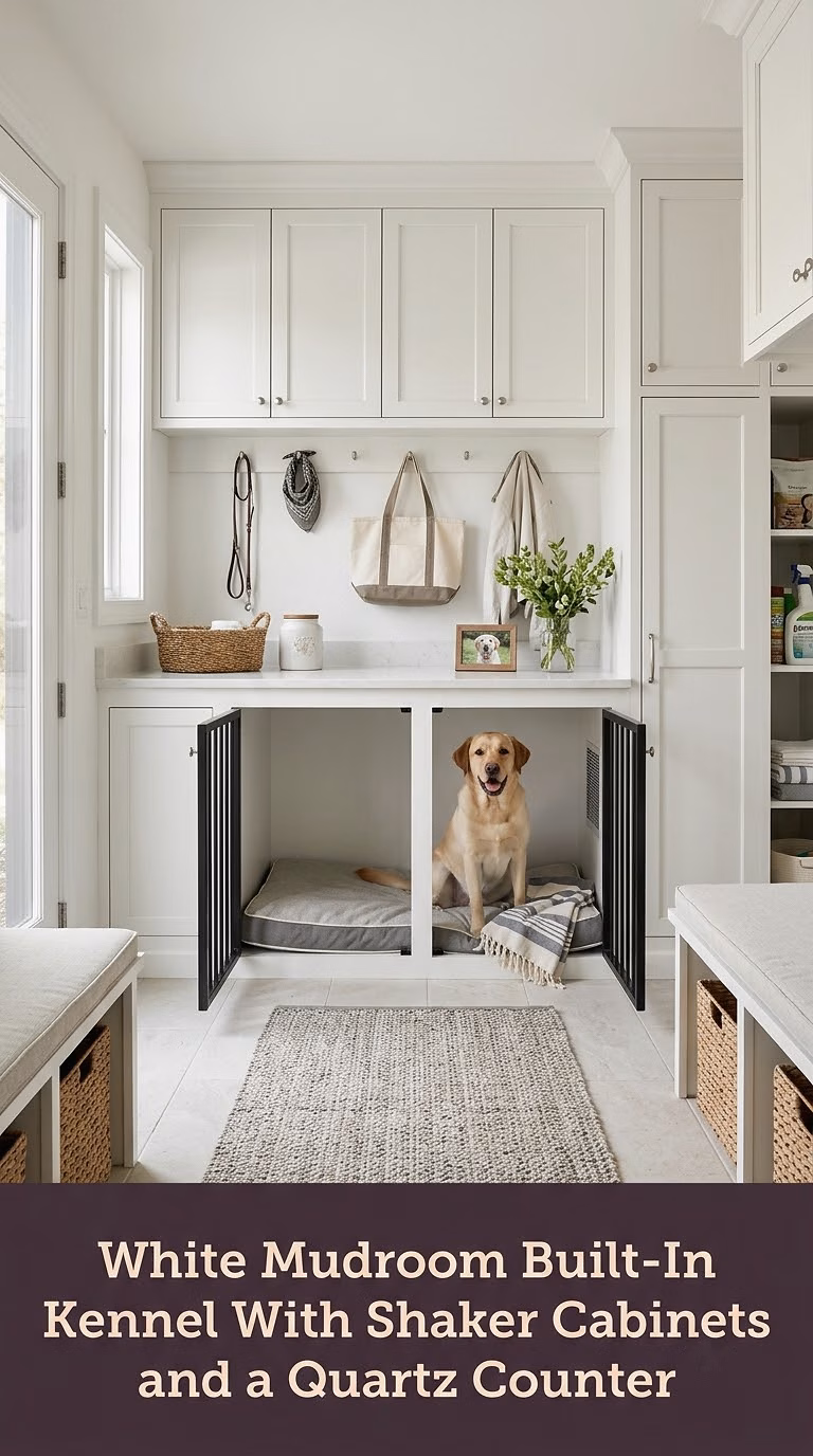 2. White Mudroom Built-In Kennel With Shaker Cabinets and a Quartz Counter