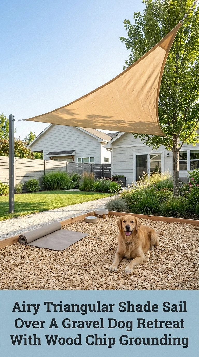 Airy Triangular Shade Sail Over A Gravel Dog Retreat With Wood Chip Grounding