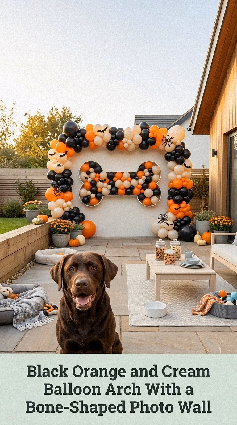 Black Orange and Cream Balloon Arch With a Bone-Shaped Photo Wall