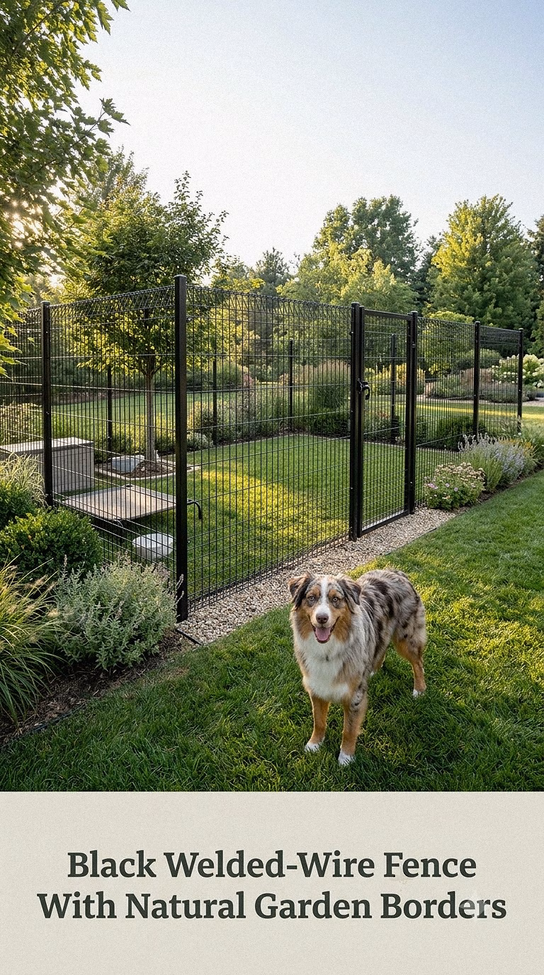 Black Welded-Wire Fence With Natural Garden Borders
