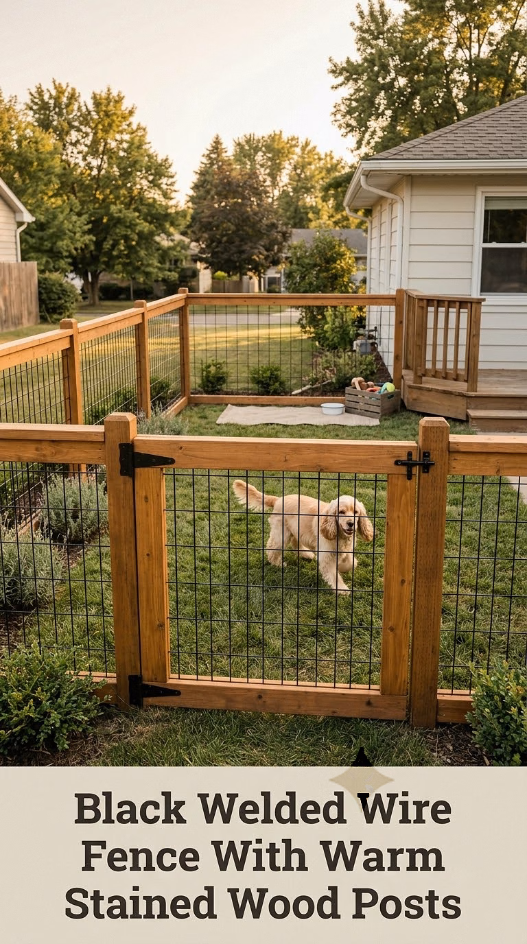 Black Welded Wire Fence With Warm Stained Wood Posts