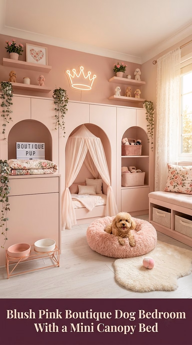 2. Blush Pink Boutique Dog Bedroom With a Mini Canopy Bed