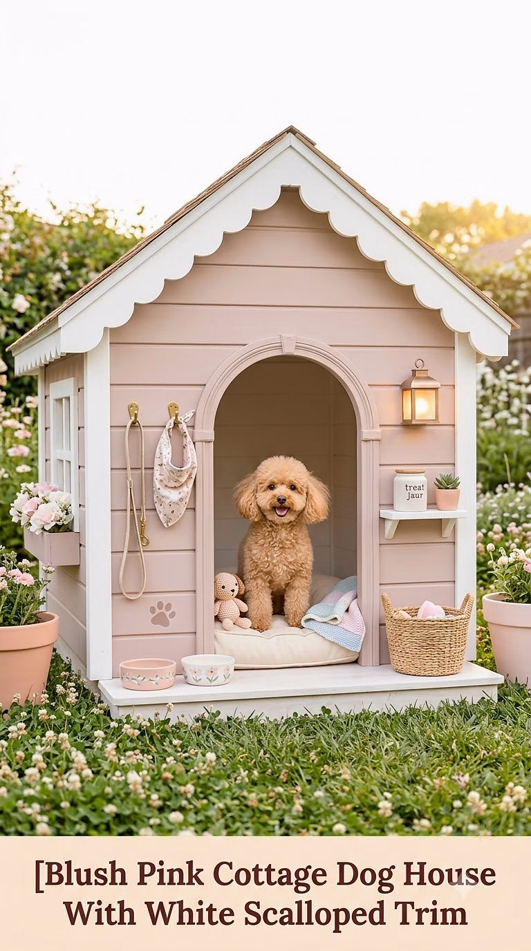 2. Blush Pink Cottage Dog House With White Scalloped Trim