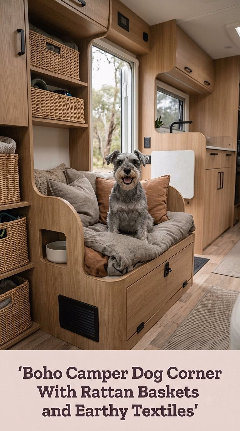 Boho Camper Dog Corner With Rattan Baskets and Earthy Textiles