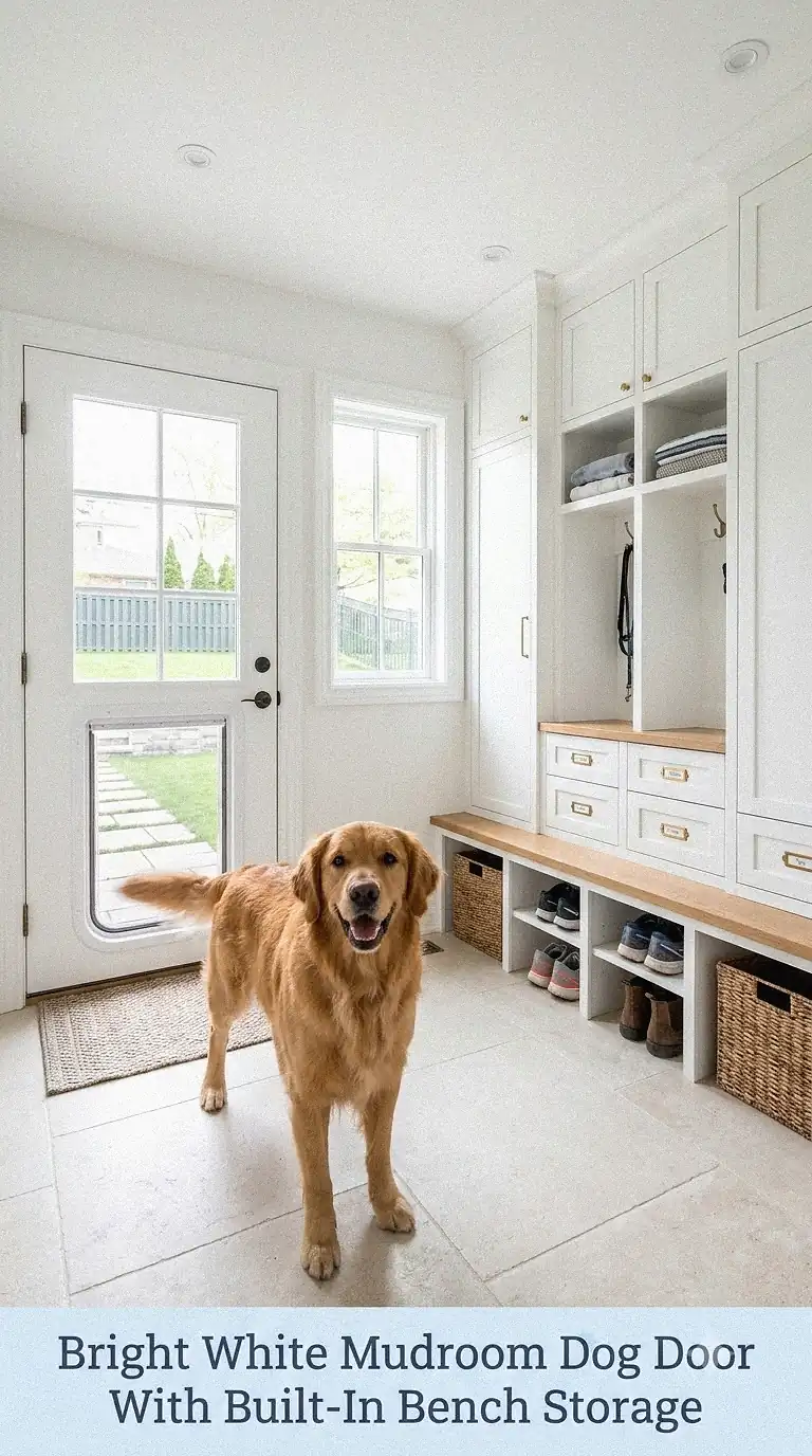 Bright White Mudroom Dog Door With Built-In Bench Storage