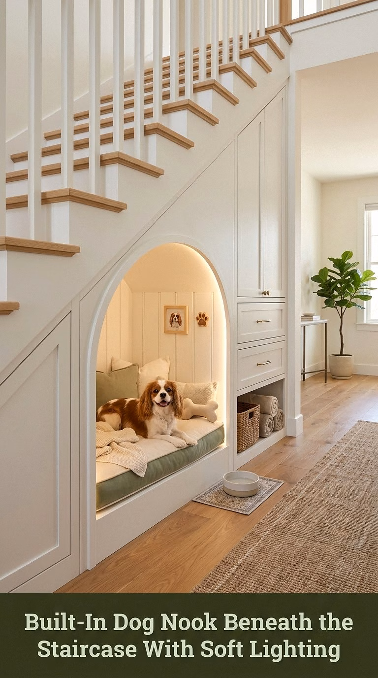 2. Built-In Dog Nook Beneath the Staircase With Soft Lighting