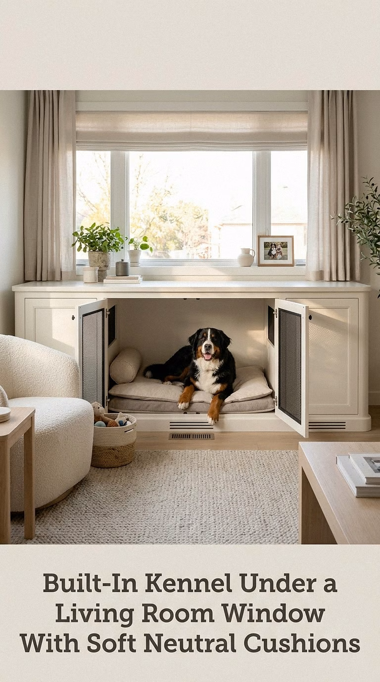 Built-In Kennel Under a Living Room Window With Soft Neutral Cushions