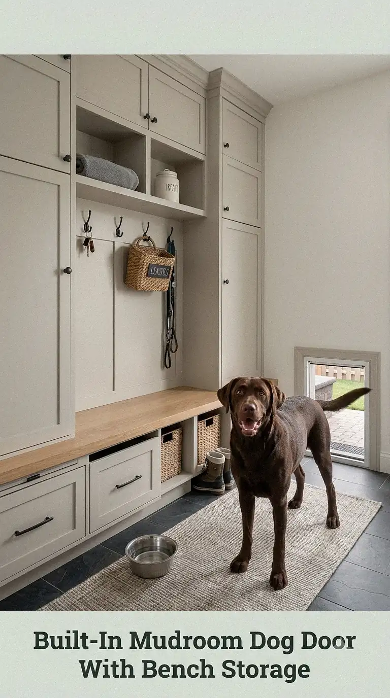 Built-In Mudroom Dog Door With Bench Storage
