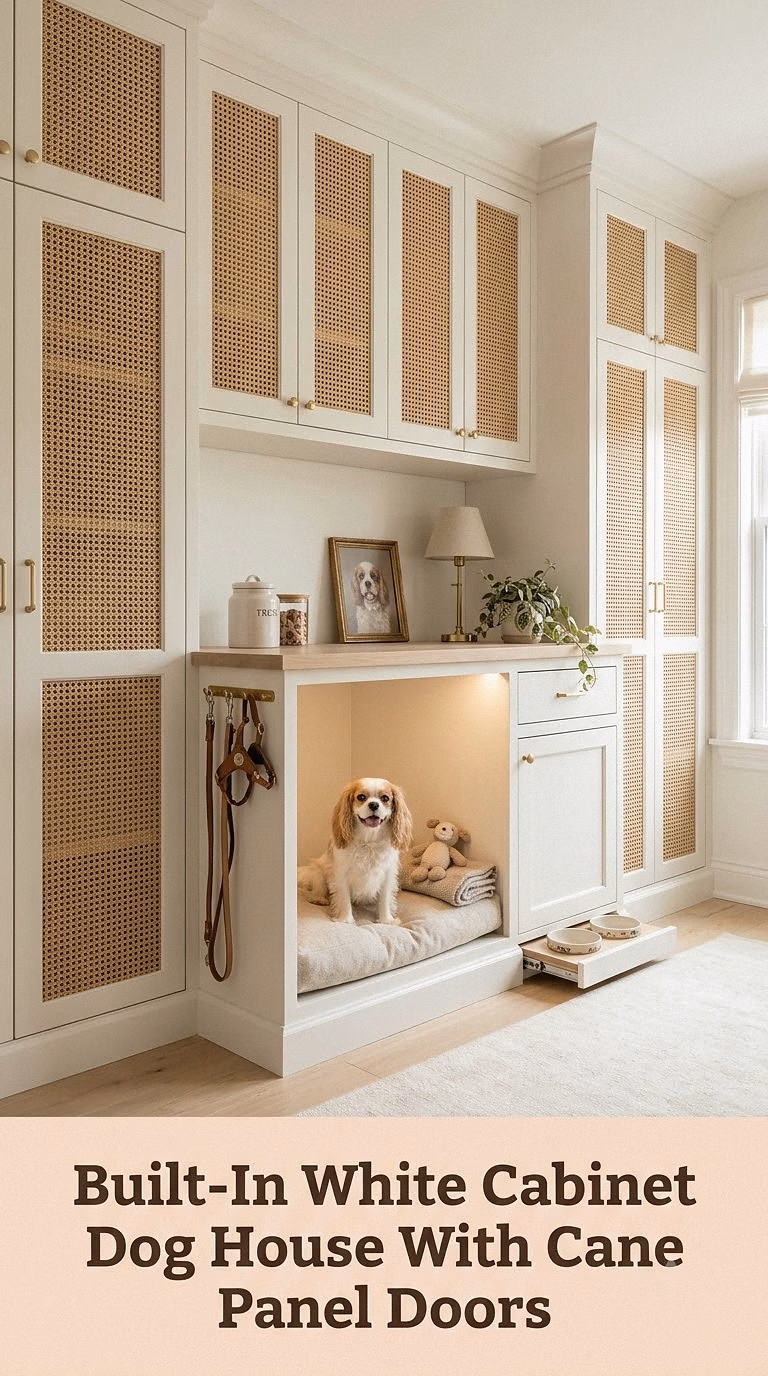 2. Built-In White Cabinet Dog House With Cane Panel Doors