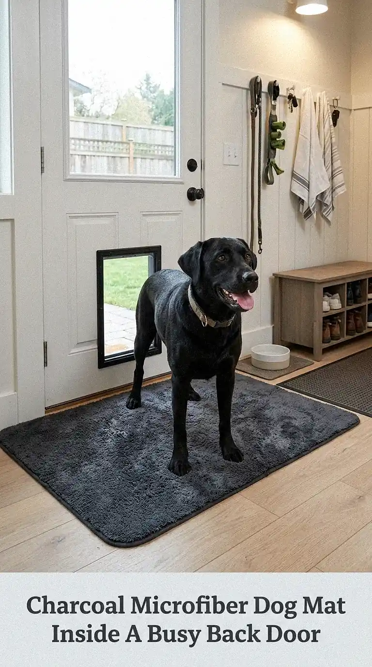 Charcoal Microfiber Dog Mat Inside A Busy Back Door