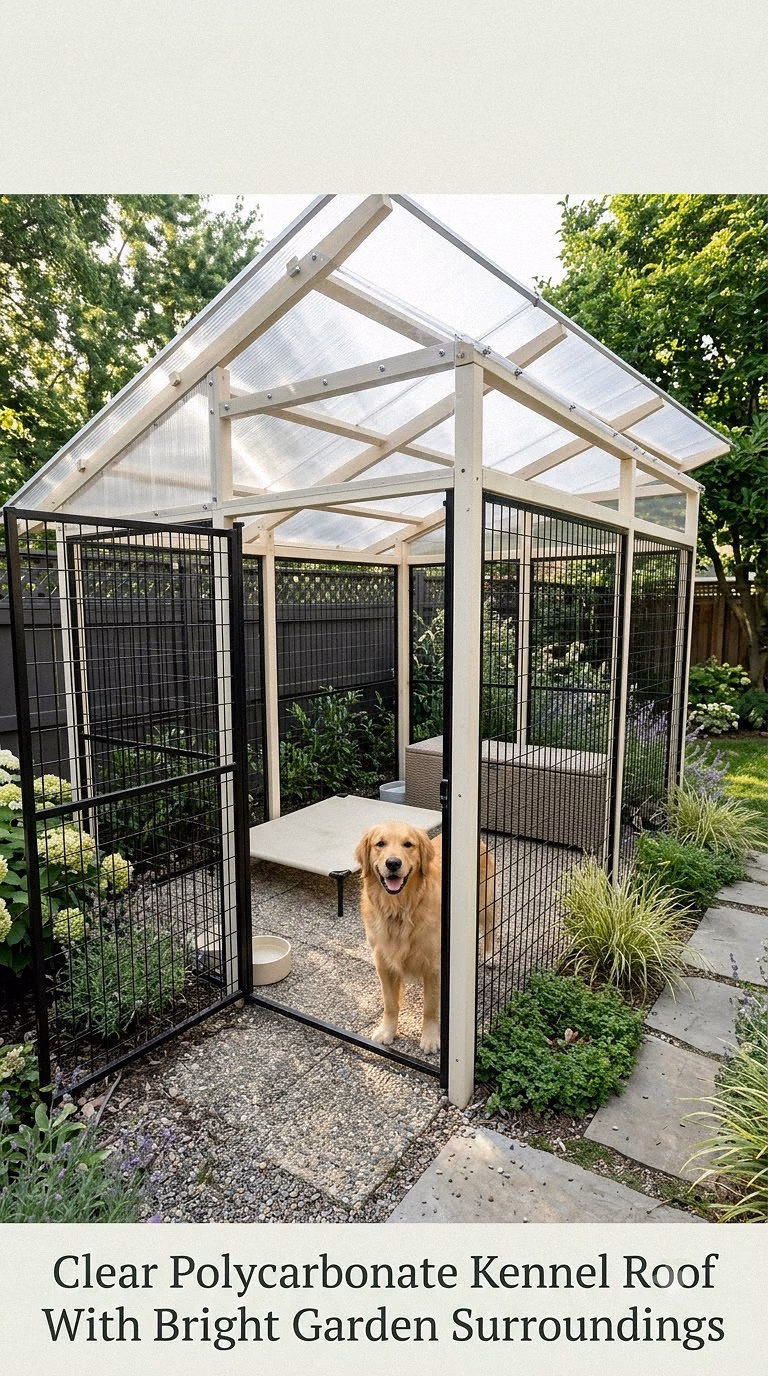 Clear Polycarbonate Kennel Roof With Bright Garden Surroundings