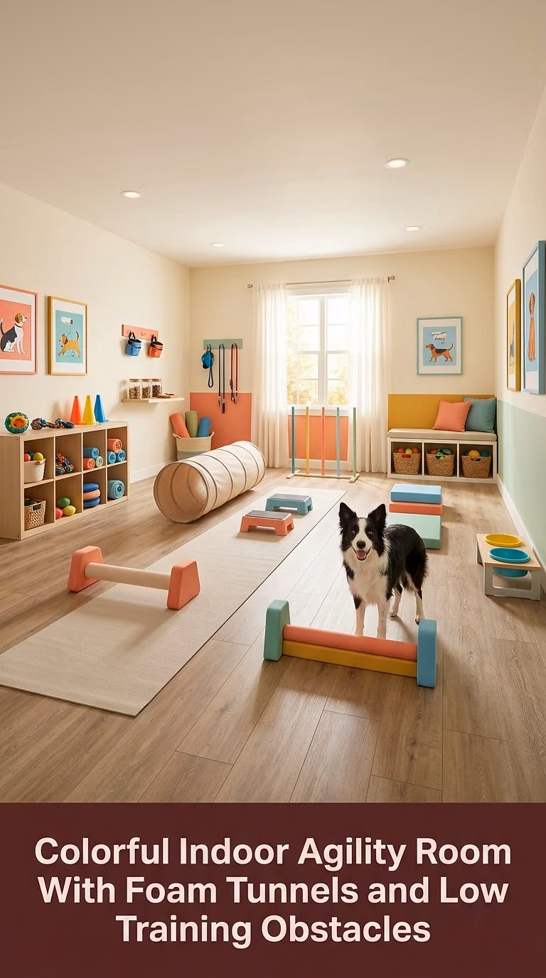 2. Colorful Indoor Agility Room With Foam Tunnels and Low Training Obstacles