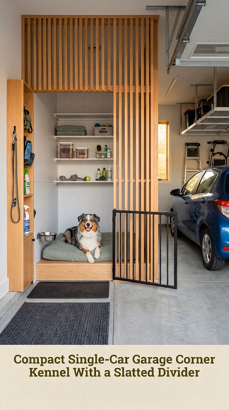 Compact Single-Car Garage Corner Kennel With a Slatted Divider