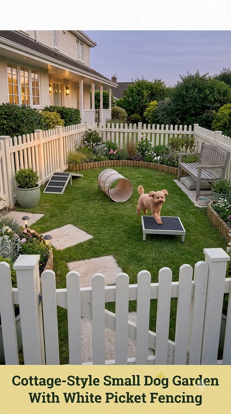 Cottage-Style Small Dog Garden With White Picket Fencing