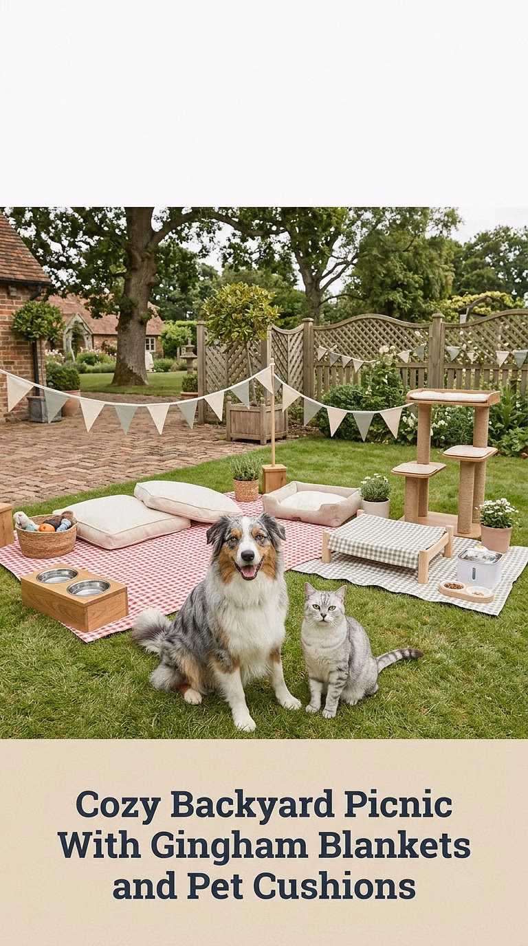Cozy Backyard Picnic With Gingham Blankets and Pet Cushions