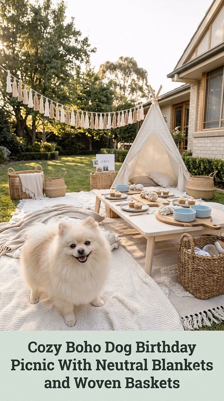Cozy Boho Dog Birthday Picnic With Neutral Blankets and Woven Baskets