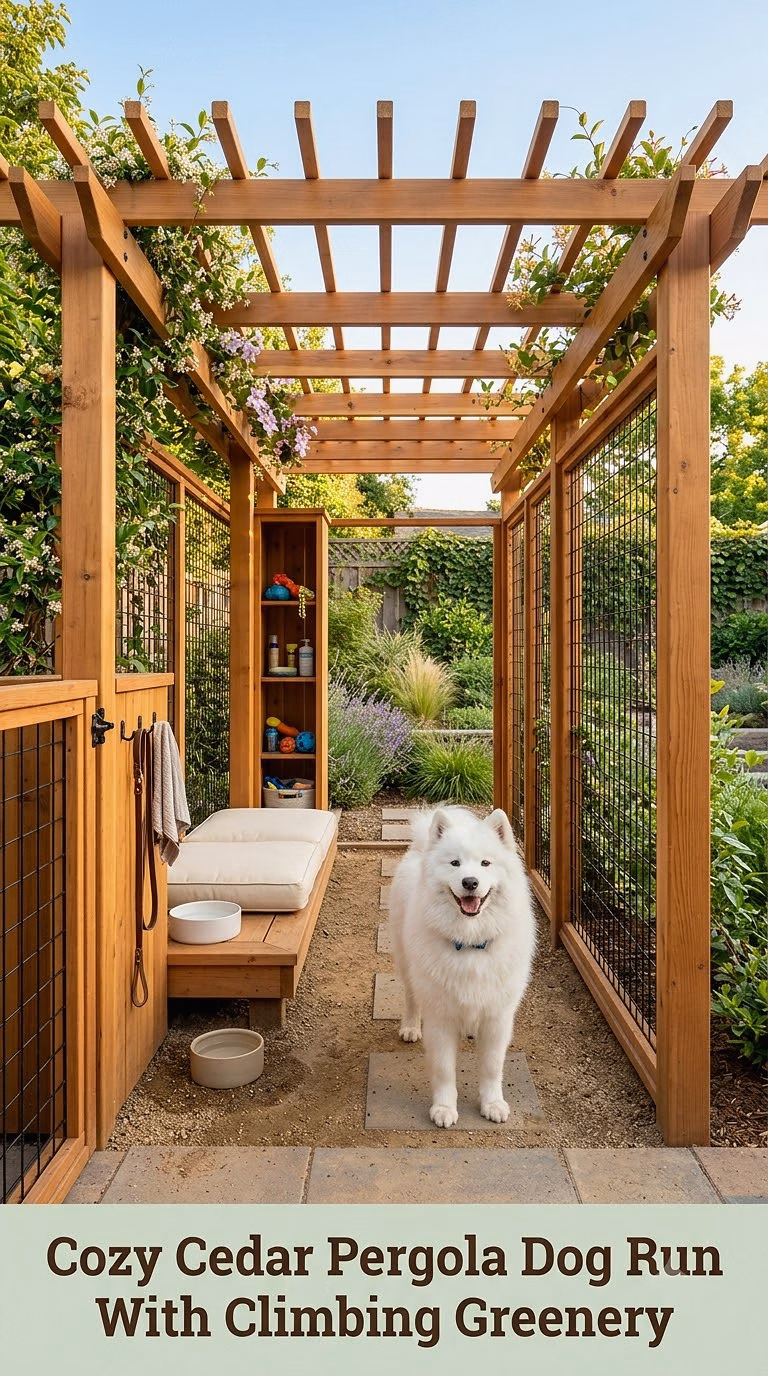Cozy Cedar Pergola Dog Run With Climbing Greenery