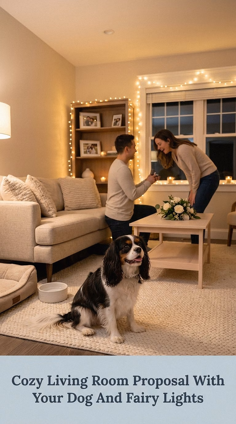 Cozy Living Room Proposal With Your Dog And Fairy Lights
