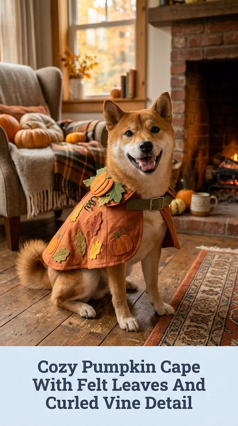 Cozy Pumpkin Cape With Felt Leaves And Curled Vine Detail