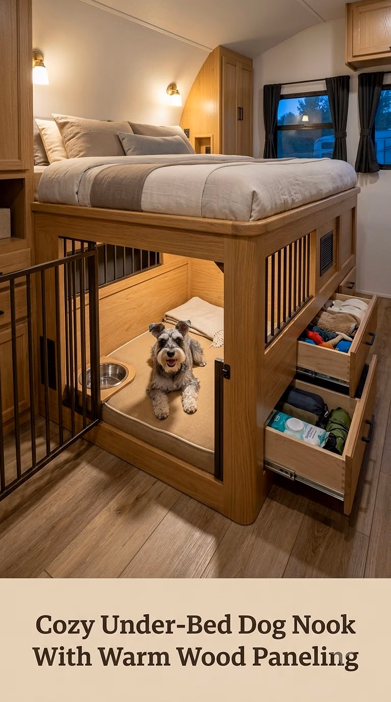 Cozy Under-Bed Dog Nook With Warm Wood Paneling