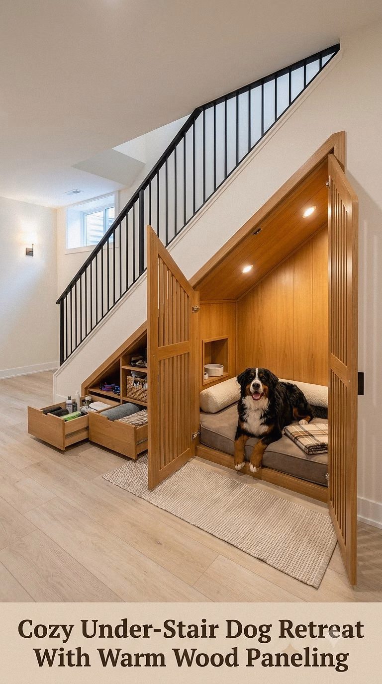 Cozy Under-Stair Dog Retreat With Warm Wood Paneling