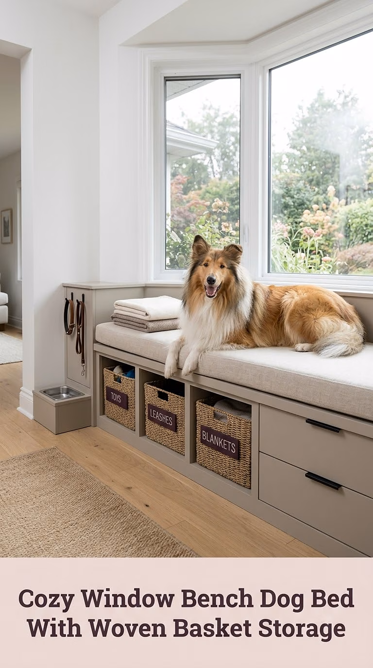 Cozy Window Bench Dog Bed With Woven Basket Storage