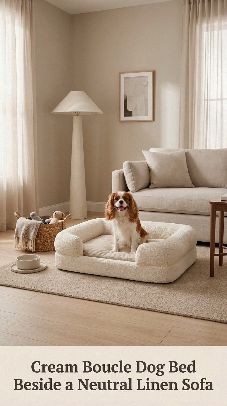 Cream Boucle Dog Bed Beside a Neutral Linen Sofa