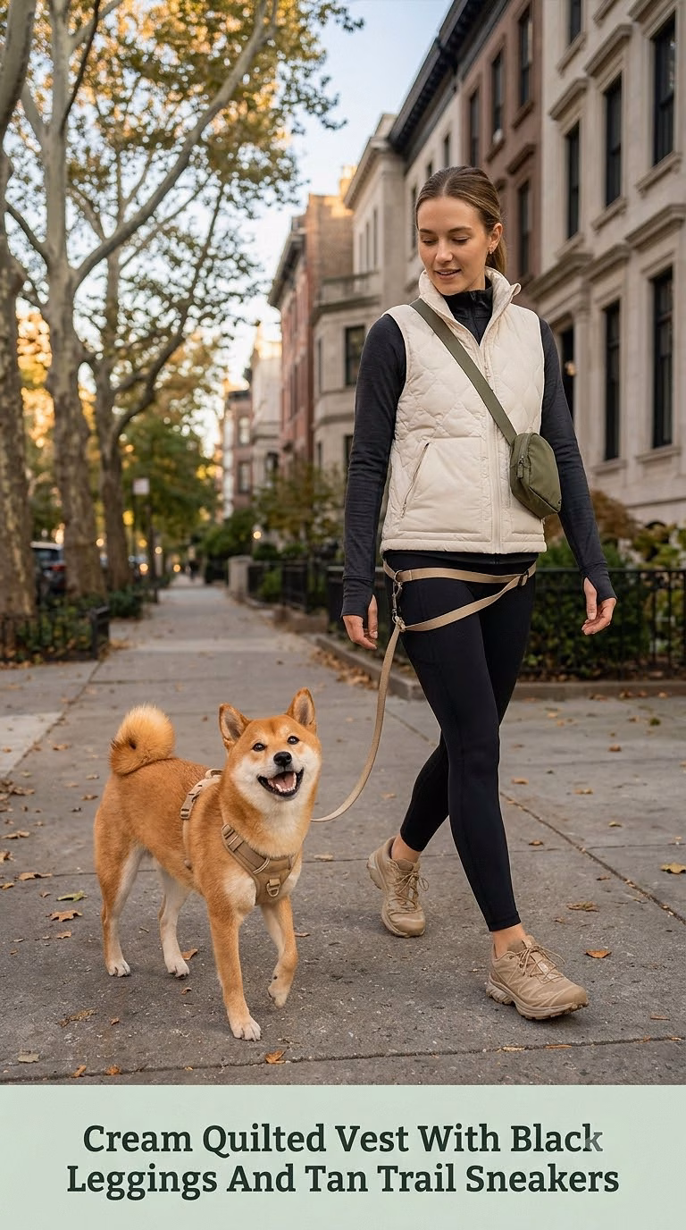 Cream Quilted Vest With Black Leggings And Tan Trail Sneakers