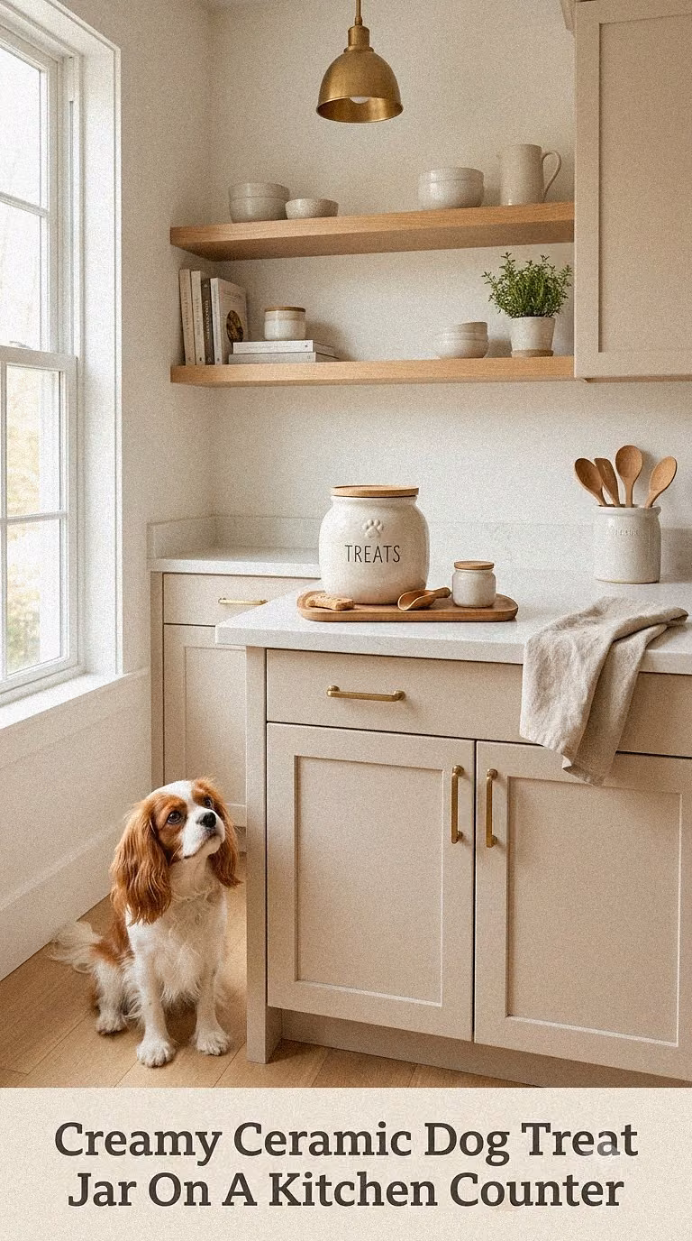 Creamy Ceramic Dog Treat Jar On A Kitchen Counter