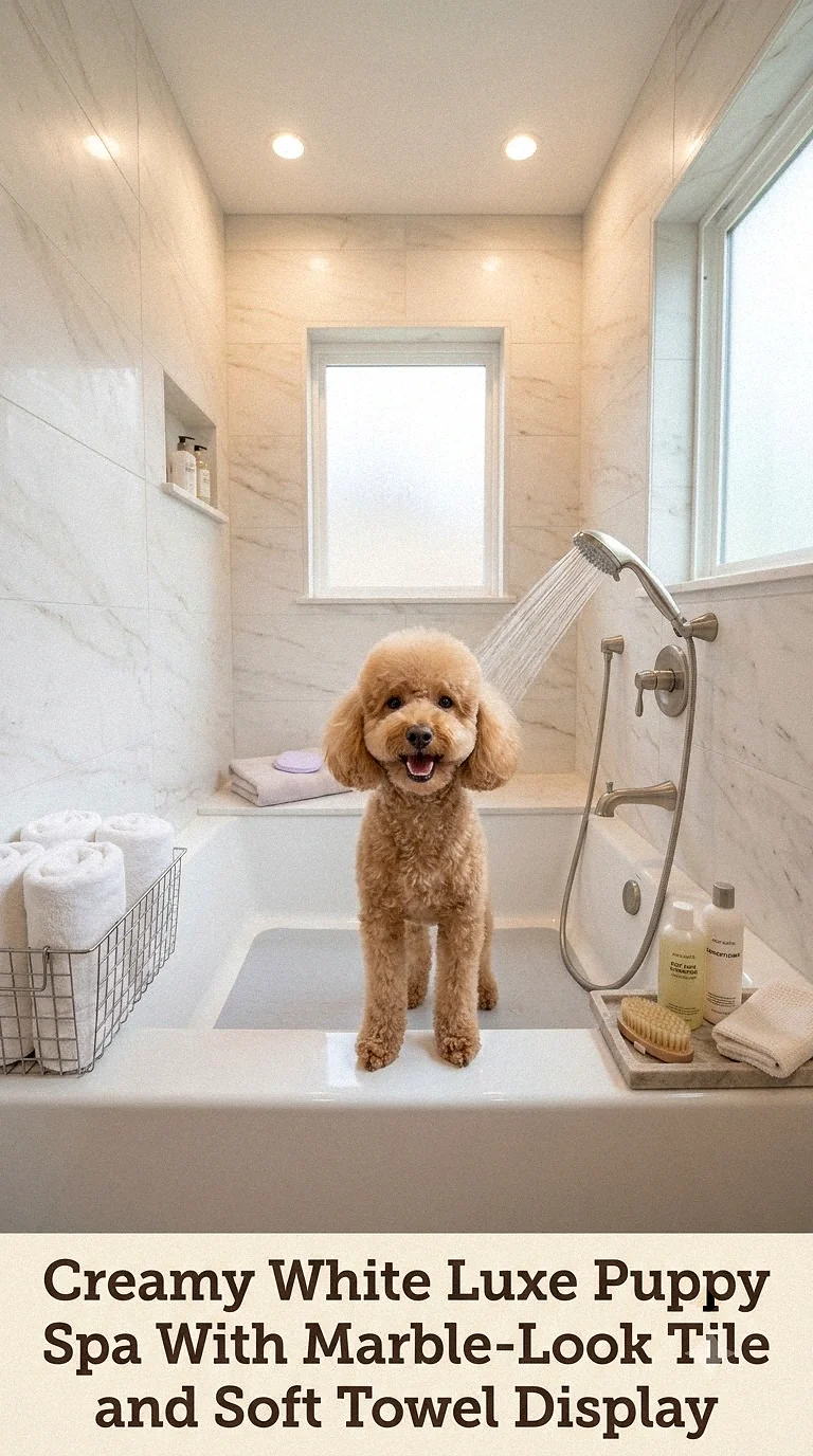 Creamy White Luxe Puppy Spa With Marble-Look Tile and Soft Towel Display