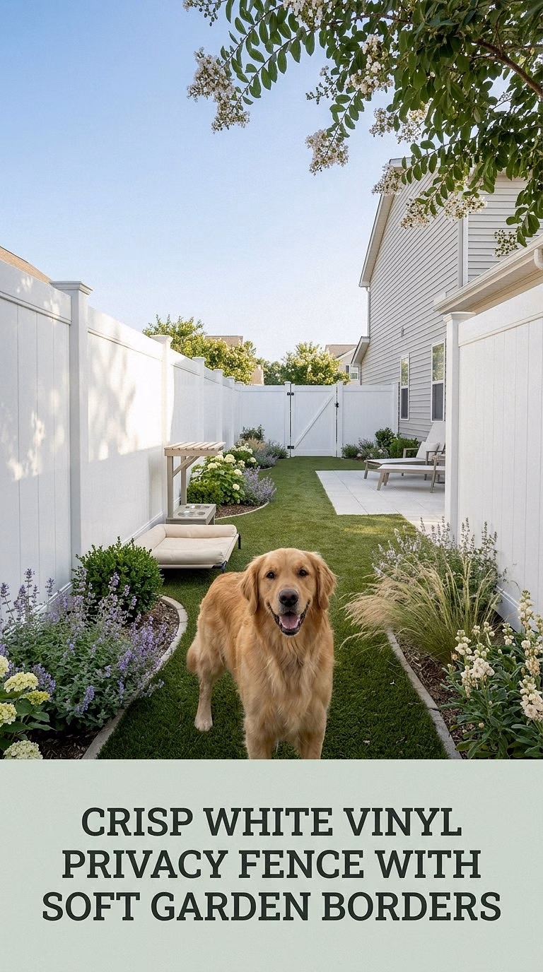 Crisp White Vinyl Privacy Fence With Soft Garden Borders