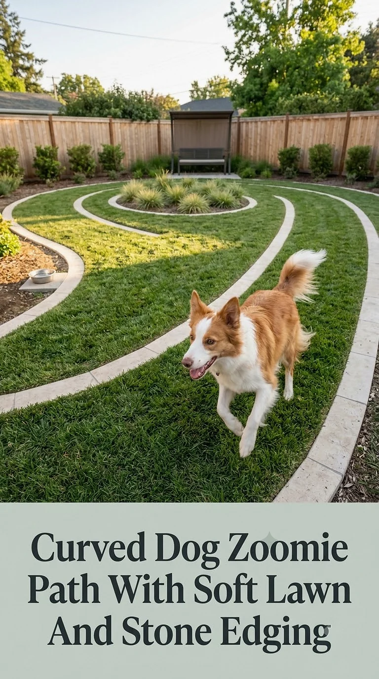 Curved Dog Zoomie Path With Soft Lawn And Stone Edging