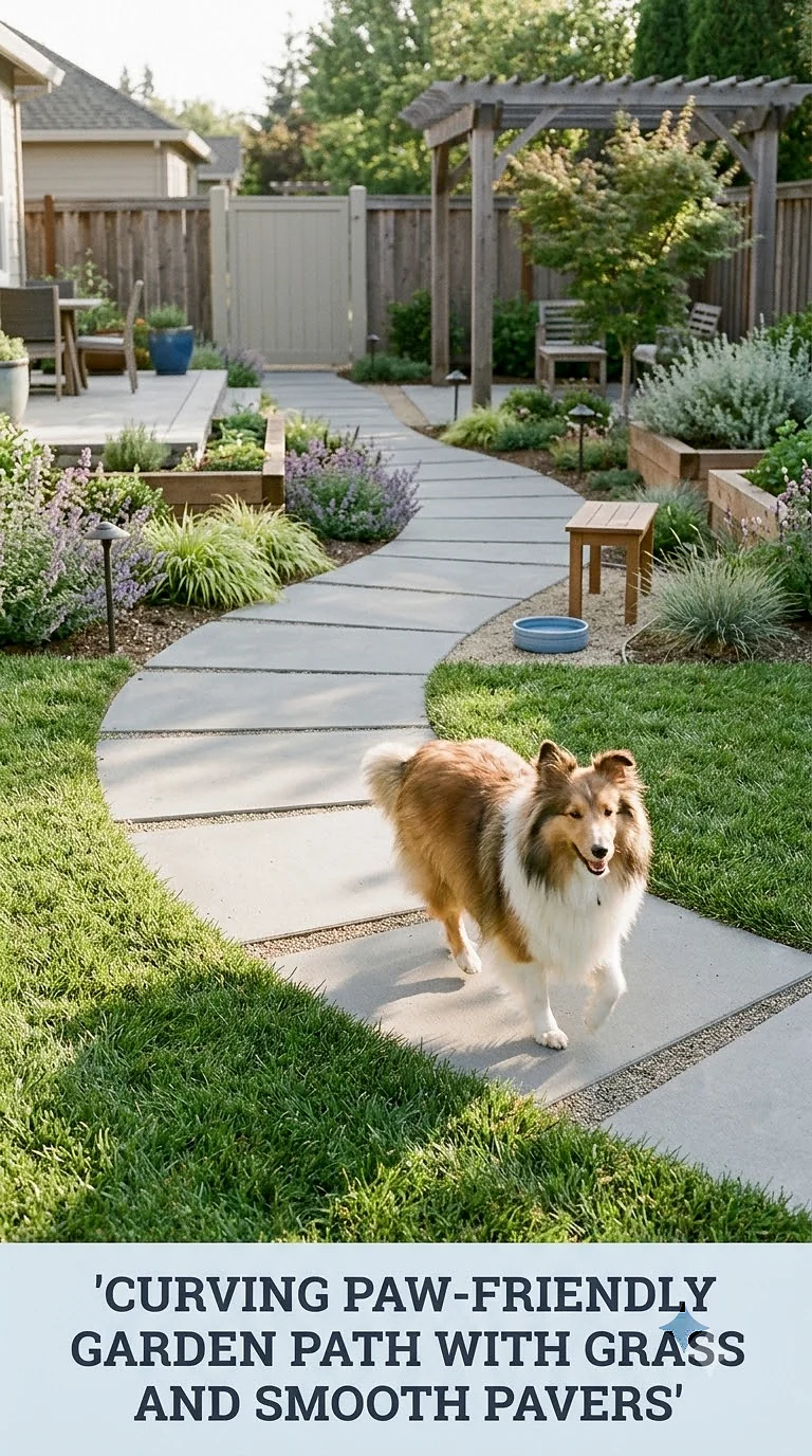 Curving Paw-Friendly Garden Path With Grass And Smooth Pavers