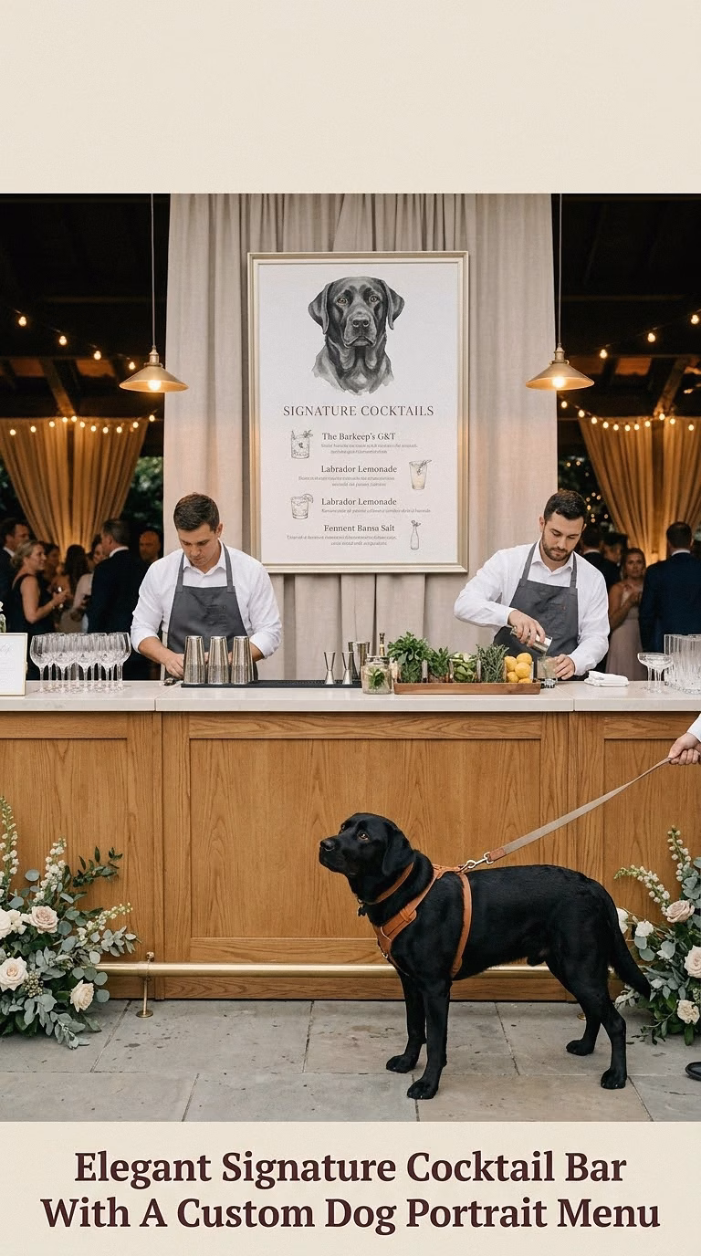Elegant Signature Cocktail Bar With A Custom Dog Portrait Menu