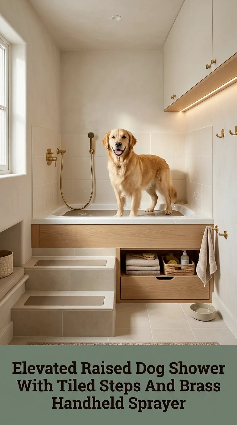 Elevated Raised Dog Shower With Tiled Steps And Brass Handheld Sprayer