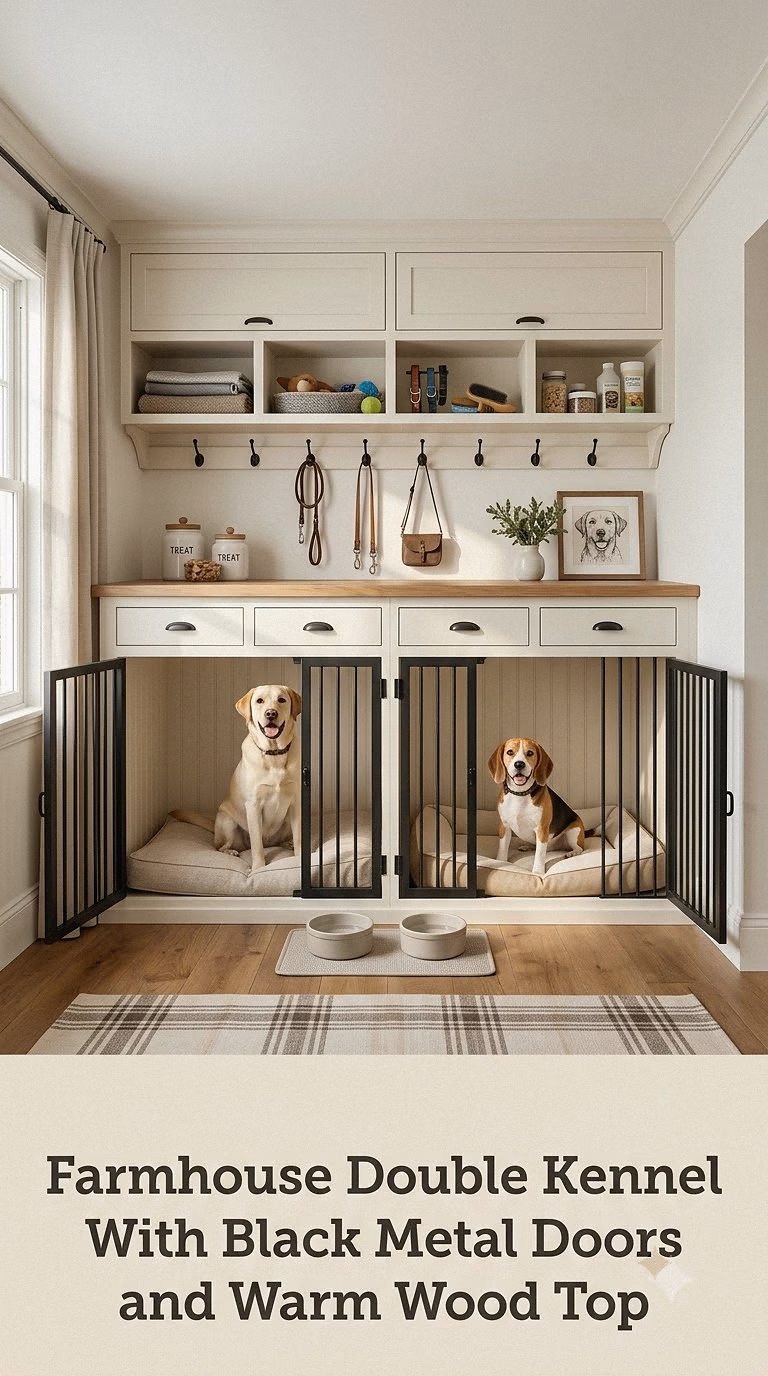 Farmhouse Double Kennel With Black Metal Doors and Warm Wood Top