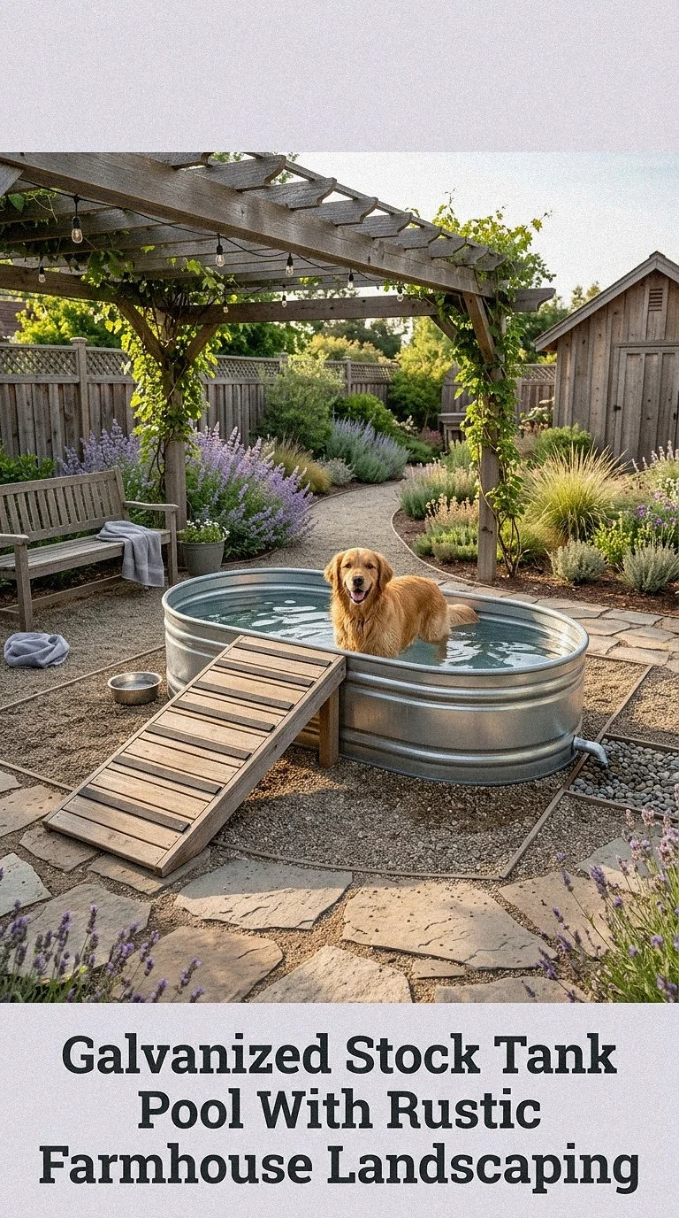 Galvanized Stock Tank Pool With Rustic Farmhouse Landscaping