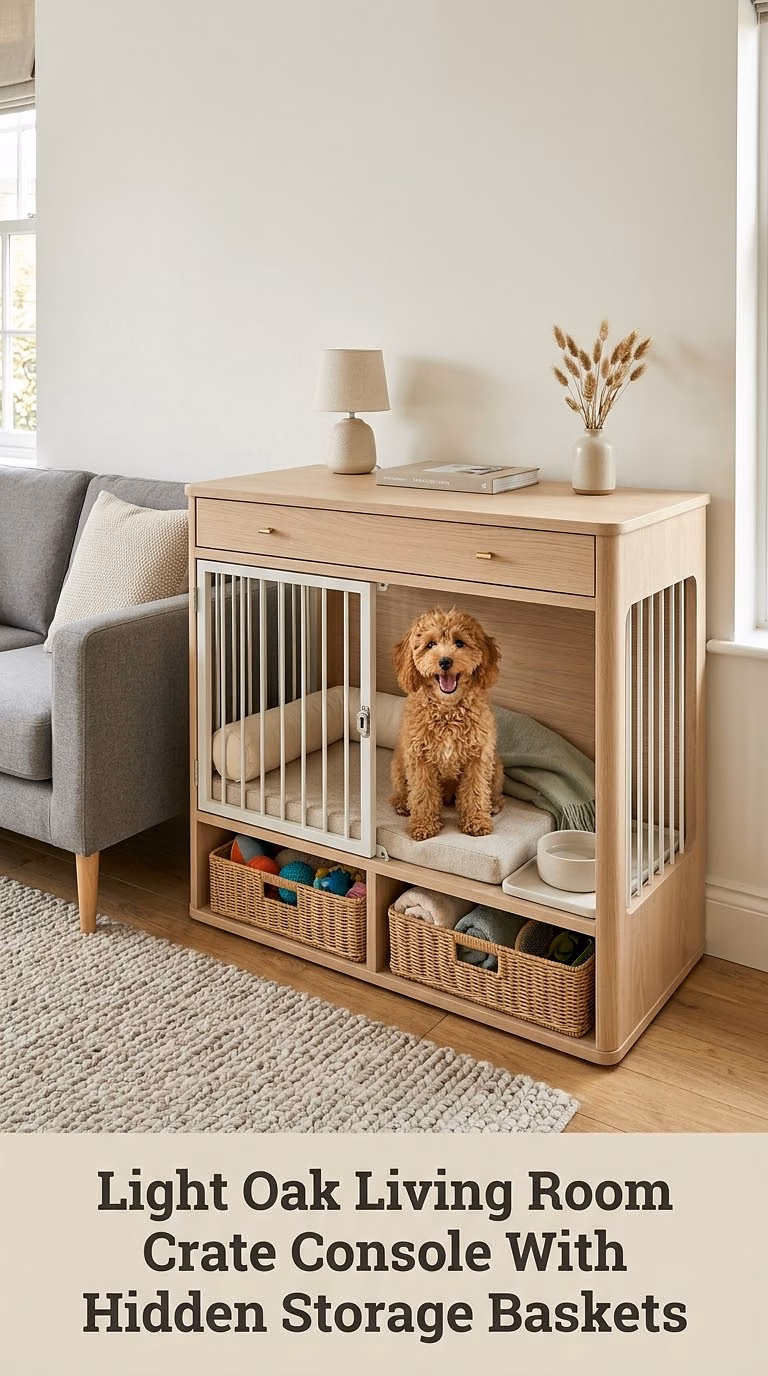 Light Oak Living Room Crate Console With Hidden Storage Baskets
