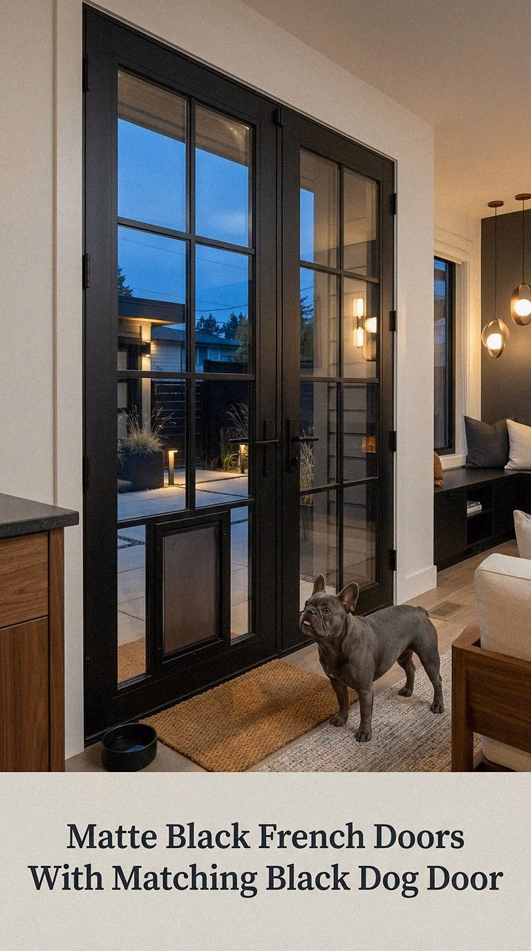 Matte Black French Doors With Matching Black Dog Door