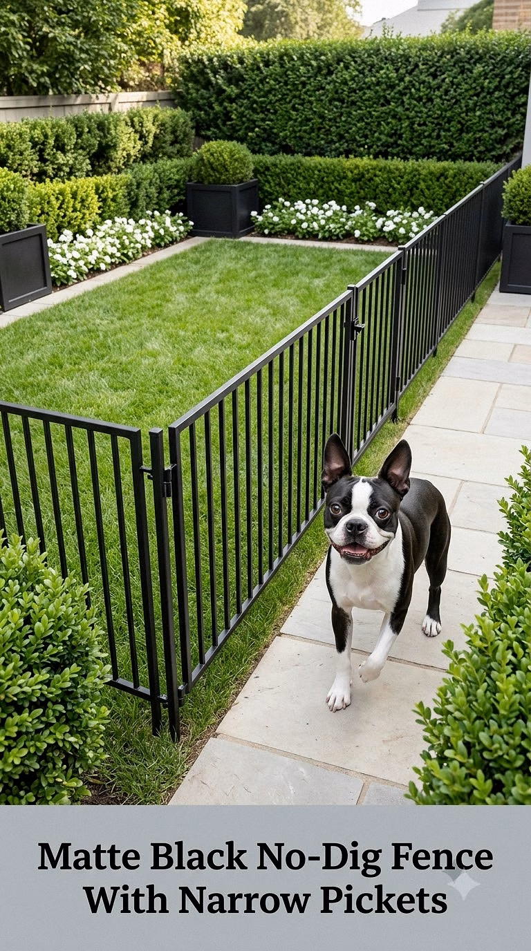 Matte Black No-Dig Fence With Narrow Pickets