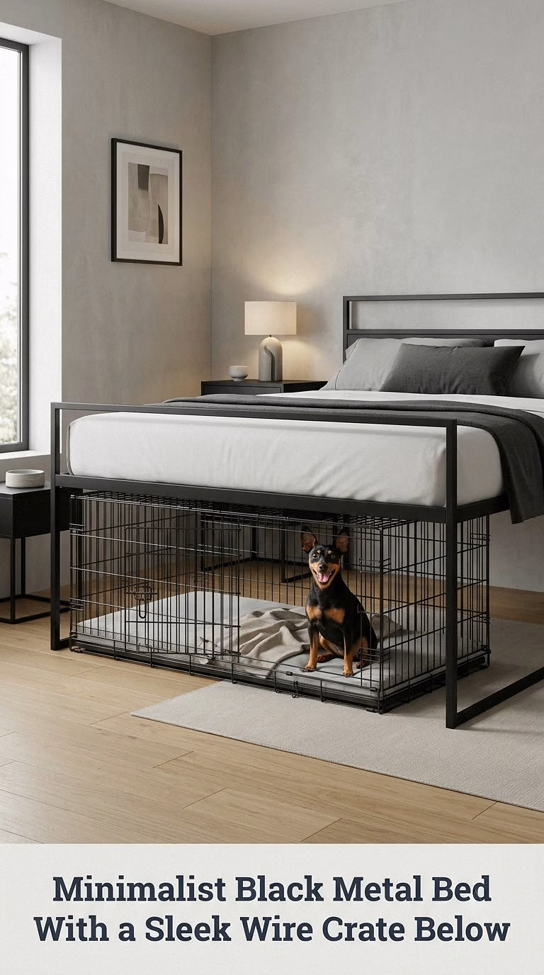 Minimalist Black Metal Bed With a Sleek Wire Crate Below