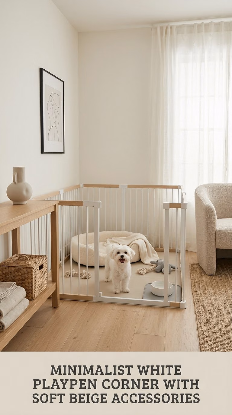 Minimalist White Playpen Corner With Soft Beige Accessories